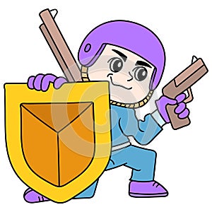 Soldiers in war clothes carry pistols and shields ready for battle, doodle icon image kawaii