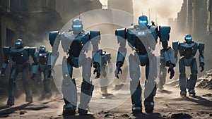 soldiers of world war A bleak future where a robotic army invades a crumbling city, shooting lasers and missiles photo