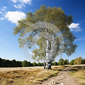 Sole Birch Tree in the Field During a Bright Summer Day