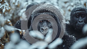Solemn Gorillas in Snowy Habitat - A Poignant Glimpse into the Lives of Endangered Primates photo
