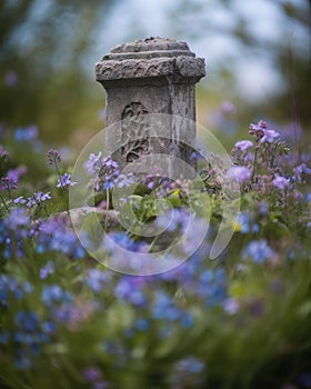 A solemn monument halfswallowed by violets and forgetmenots Abandoned landscape. AI generation