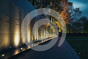 A solemn photo of the Vietnam War Memorial, illuminated by soft lights, with visitors paying their respects, A night scene of the