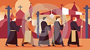 A solemn procession of monks chanting in Latin and carrying a ceremonial cross through the fairgrounds.. Vector photo