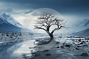 Solemn Tree in a Snowy Mountainous River Landscape. Generative AI