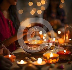 Solemnly set with candle-lit fruits for the Indian festival of light. Diwali, the dipawali Indian festival of light