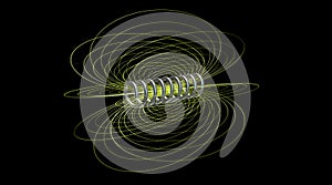 Solenoid field. Magnetic field lines. Central spiraling coil . Close view.  Perspective view .  3d rendering