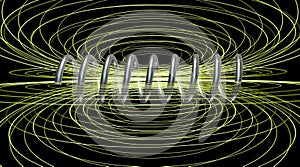 Solenoid field. Magnetic field lines. Central spiraling coil . Close view.  3d rendering photo