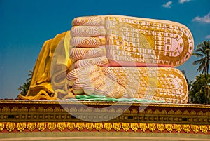 The soles of the feet. Mya Tha Lyaung Reclining Buddha. Bago. Myanma. Burma.