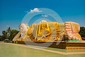 The soles of the feet. Mya Tha Lyaung Reclining Buddha. Bago. Myanma. Burma.