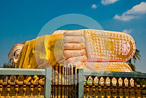 The soles of the feet. Mya Tha Lyaung Reclining Buddha. Bago. Myanma. Burma.