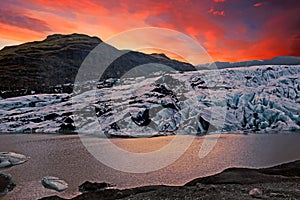 Solheimajokull Glacier in Iceland at sunset