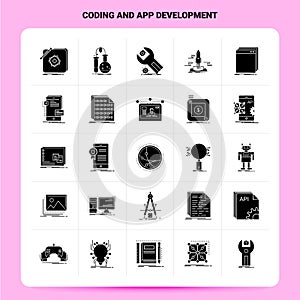 Solid 25 Coding And App Development Icon set. Vector Glyph Style Design Black Icons Set. Web and Mobile Business ideas design