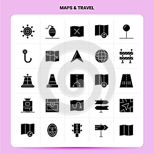 Solid 25 Maps & Travel Icon set. Vector Glyph Style Design Black Icons Set. Web and Mobile Business ideas design Vector