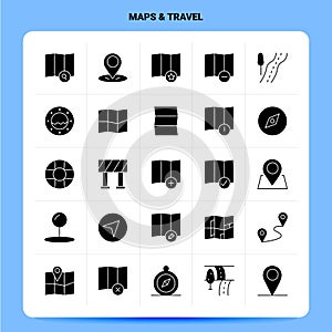 Solid 25 Maps & Travel Icon set. Vector Glyph Style Design Black Icons Set. Web and Mobile Business ideas design Vector