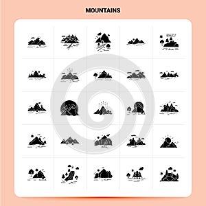 Solid 25 Mountains Icon set. Vector Glyph Style Design Black Icons Set. Web and Mobile Business ideas design Vector Illustration