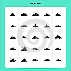 Solid 25 Mountains Icon set. Vector Glyph Style Design Black Icons Set. Web and Mobile Business ideas design Vector Illustration