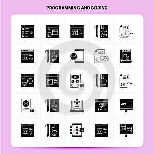 Solid 25 Programming And Coding Icon set. Vector Glyph Style Design Black Icons Set. Web and Mobile Business ideas design Vector