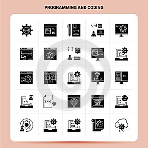 Solid 25 Programming And Coding Icon set. Vector Glyph Style Design Black Icons Set. Web and Mobile Business ideas design Vector