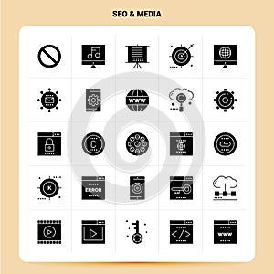 Solid 25 Seo & Media Icon set. Vector Glyph Style Design Black Icons Set. Web and Mobile Business ideas design Vector Illustration