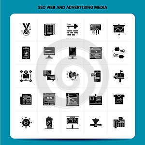 Solid 25 SEO web and advertising media Icon set. Vector Glyph Style Design Black Icons Set. Web and Mobile Business ideas design