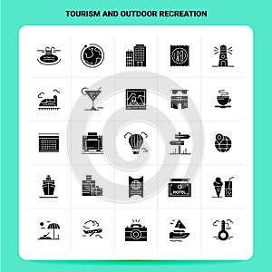Solid 25 Tourism And Outdoor Recreation Icon set. Vector Glyph Style Design Black Icons Set. Web and Mobile Business ideas design