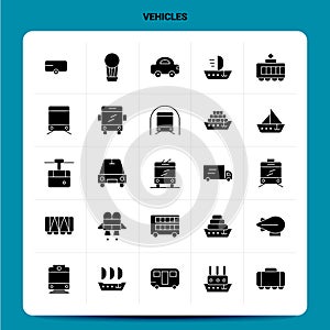 Solid 25 Vehicles Icon set. Vector Glyph Style Design Black Icons Set. Web and Mobile Business ideas design Vector Illustration