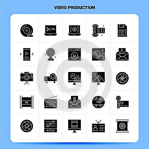 Solid 25 Video Production Icon set. Vector Glyph Style Design Black Icons Set. Web and Mobile Business ideas design Vector
