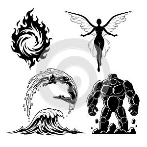 Solid black silhouettes fire water earth air spirits vector
