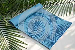 Solid blue paper folds with palm leaf texture