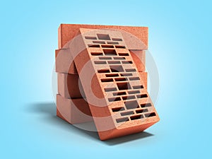 Solid clay bricks used for construction new red brick 3d render on blue gradient background