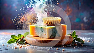 Solid Dish Soap Bar with Wooden Brush on Stone Surface. Vegan Lifestyle. Generated Image