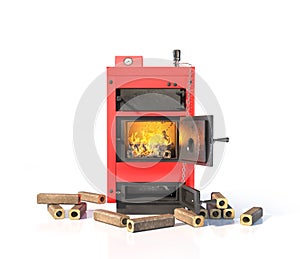 Solid fuel boiler with burning briquettes.