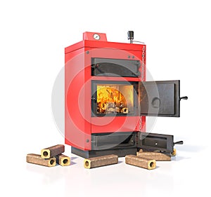 Solid fuel boiler with burning briquettes.