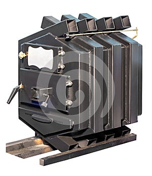 Solid fuel boiler of long burning with powerful outlet nozzles for heating a large room