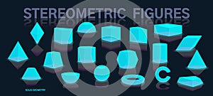 Solid geometry. Set of stereometric figures in space. Isolated vector template of geometric figures. Educational illustration,