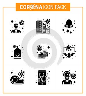 9 Solid Glyph Black Coronavirus Covid19 Icon pack such as handcare, bottle, virus, spray, health photo