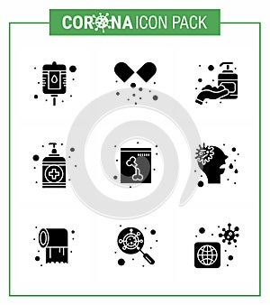 9 Solid Glyph Black Coronavirus Covid19 Icon pack such as xray, bone, hand, care, soap