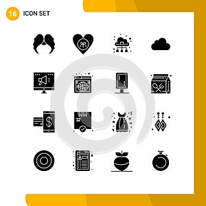 Solid Glyph Pack of 16 Universal Symbols of storage, cloud, heart, cloud, technology