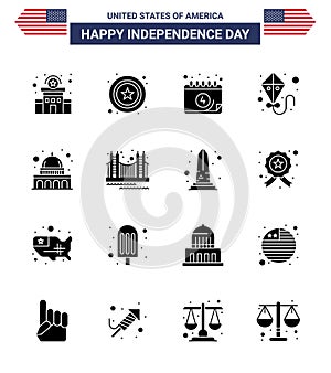 Solid Glyph Pack of 16 USA Independence Day Symbols of wisconsin; madison; calendar; capitol; summer