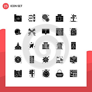 Solid Glyph Pack of 25 Universal Symbols of direction, tools, stock, toolbox, world news