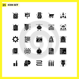 Solid Glyph Pack of 25 Universal Symbols of staff, colleague, marketplace, trolley, cart