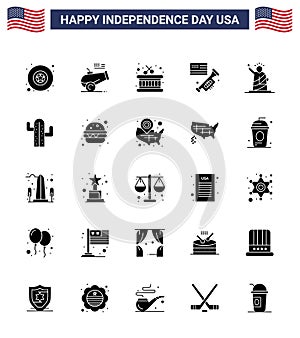 Solid Glyph Pack of 25 USA Independence Day Symbols of statue; liberty; instrument; landmarks; laud