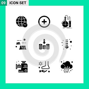 Solid Glyph Pack of 9 Universal Symbols of coins, destruction, chemistry, deforestation, factory