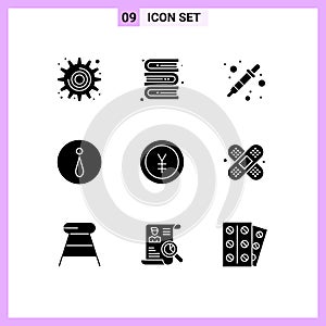 Solid Glyph Pack of 9 Universal Symbols of yen, finance, color sampler, currency, info
