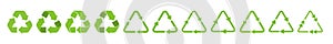 Solid green recycle triangle arrow symbols set