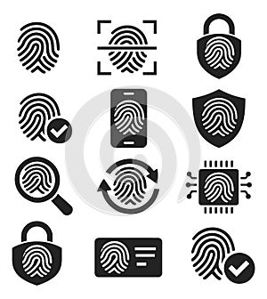 Solid icon fingerprint security set featuring biometric identification, mobile authentication, and data protection