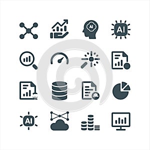 Artificial Intelligence and Data Analytics Solid Icons Set for Business Technology