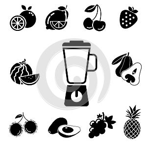 Solid icons for blender,fruits,rambutan,avocado,cherry,pineapple,rose apple,orange,grape,strawberry,lemon,watermelon,vector