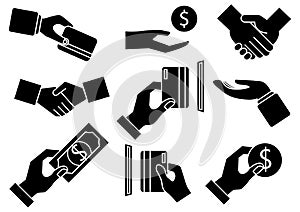 Solid icons for Business, handshake, payment, money, coin, dollar. vector illustrations