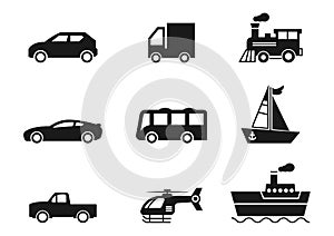 Solid icons for car,truck,bus,helicopter,pickup truck,train,boat,ship,transportation,vector illustrations